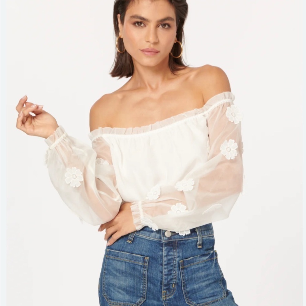 Cami NYC Cropped Off-Shoulder Silk Cream Blouse with Floral Appliqué